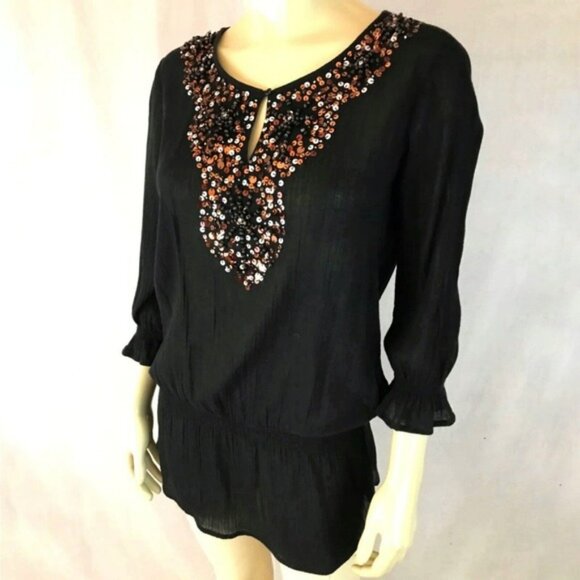 Chicos Top 3 (XL) Pullover Gauzy Sheer Black Elastic Waist Sequins Beaded Blouse - Picture 1 of 16